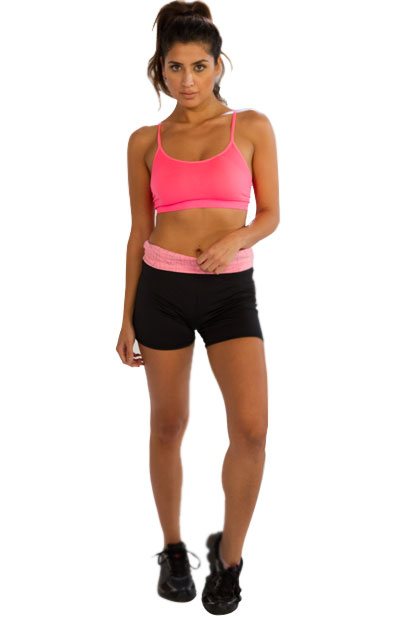 Wholesale Bright Pink Sports Noodle-strap Bra with Black Shorts USA, Canada